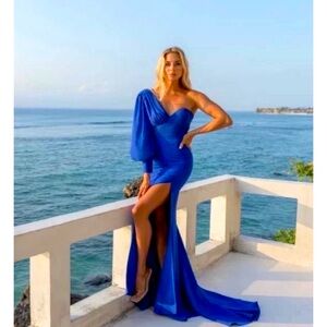 Elle Zeitoune Charles $410 One Shoulder Gown Dress Blue Size Small